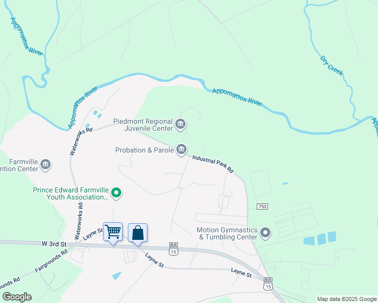map of restaurants, bars, coffee shops, grocery stores, and more near 570 Industrial Park Road in Farmville