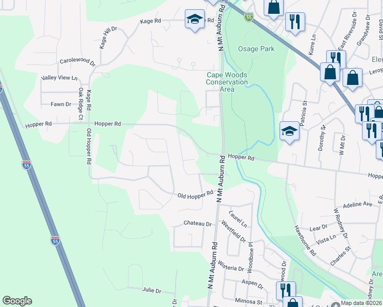 map of restaurants, bars, coffee shops, grocery stores, and more near 3301 Hopper Road in Cape Girardeau