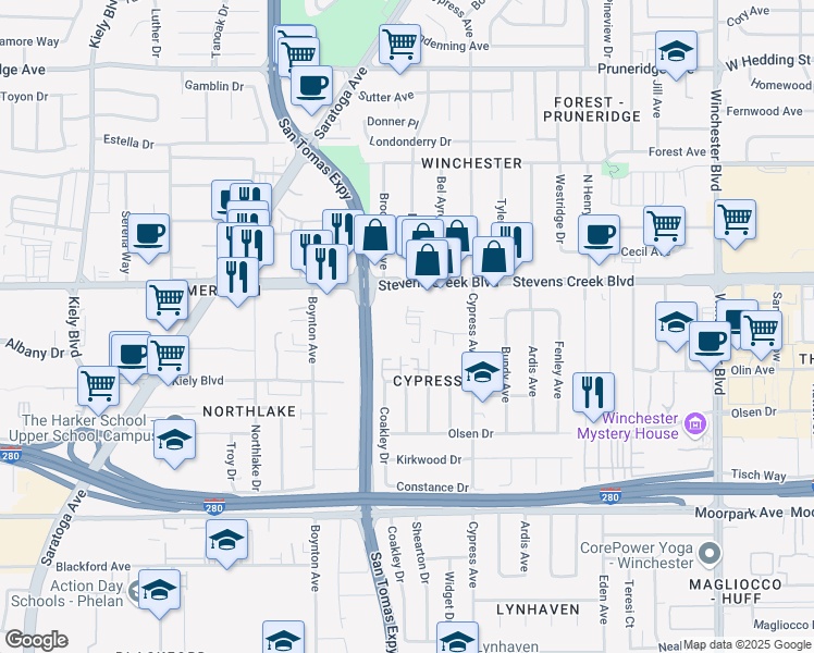 map of restaurants, bars, coffee shops, grocery stores, and more near 3566 Stevens Creek Blvd in San Jose
