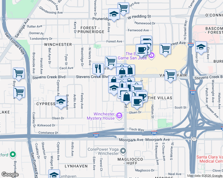 map of restaurants, bars, coffee shops, grocery stores, and more near 359 Spar Avenue in San Jose