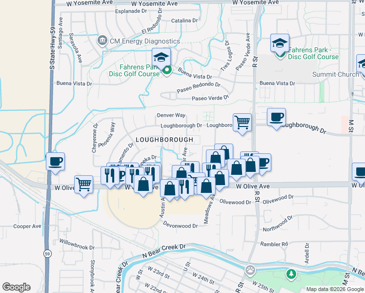 map of restaurants, bars, coffee shops, grocery stores, and more near 3200 Nashville Court in Merced