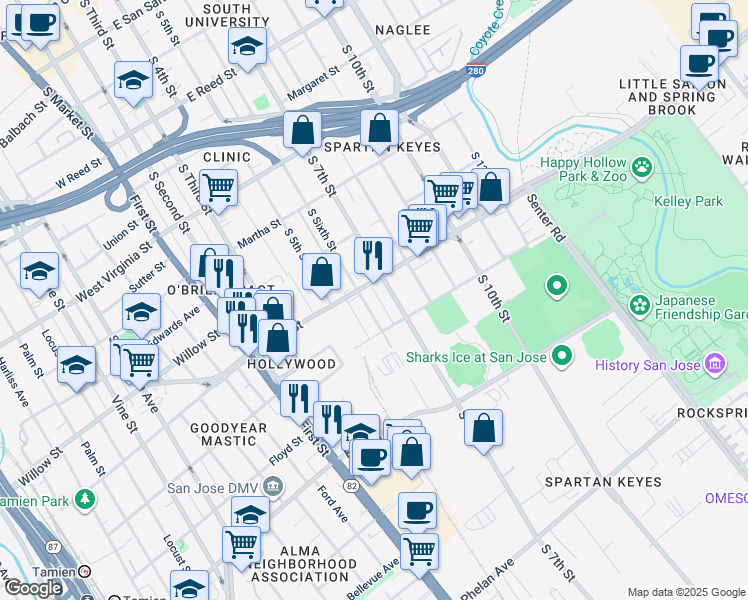 map of restaurants, bars, coffee shops, grocery stores, and more near 1168 South 6th Street in San Jose