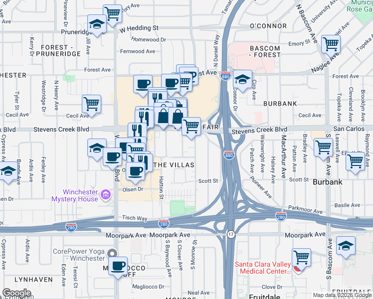 map of restaurants, bars, coffee shops, grocery stores, and more near 386 South Clover Avenue in San Jose