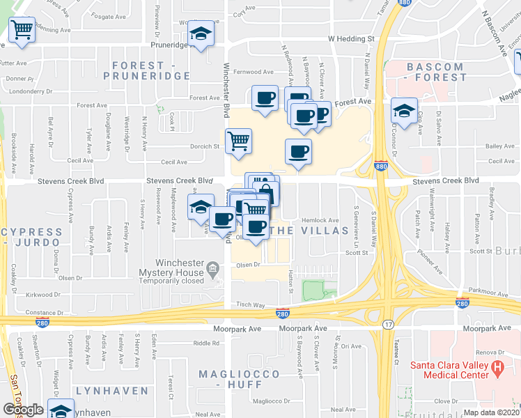 map of restaurants, bars, coffee shops, grocery stores, and more near in San Jose