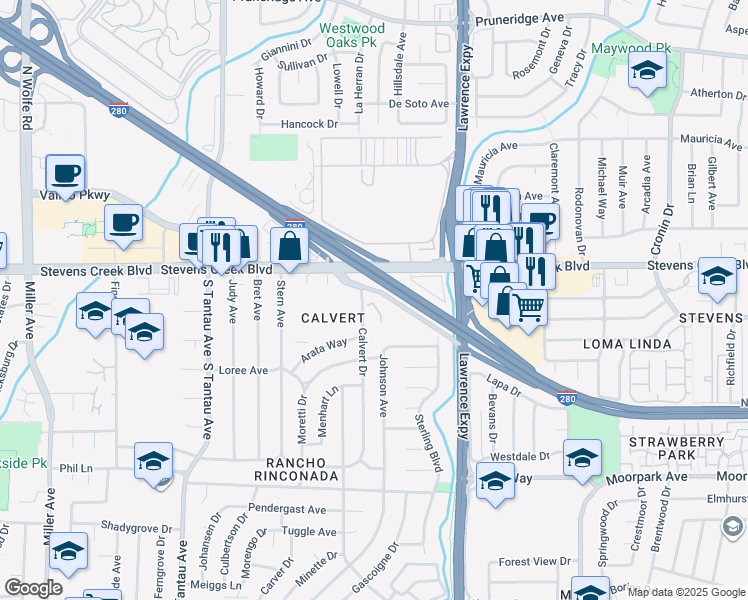 map of restaurants, bars, coffee shops, grocery stores, and more near 202 Calvert Drive in Cupertino