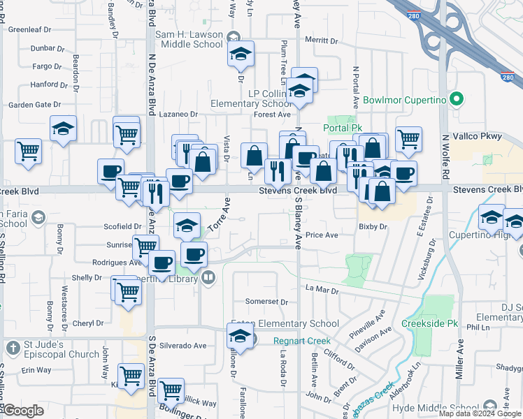 map of restaurants, bars, coffee shops, grocery stores, and more near 20050 Rodrigues Avenue in Cupertino