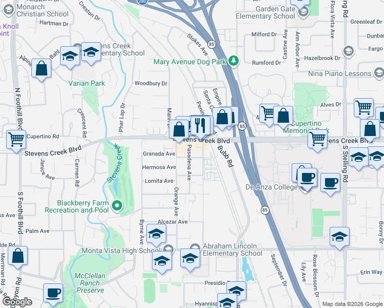 map of restaurants, bars, coffee shops, grocery stores, and more near 21766 Granada Avenue in Cupertino