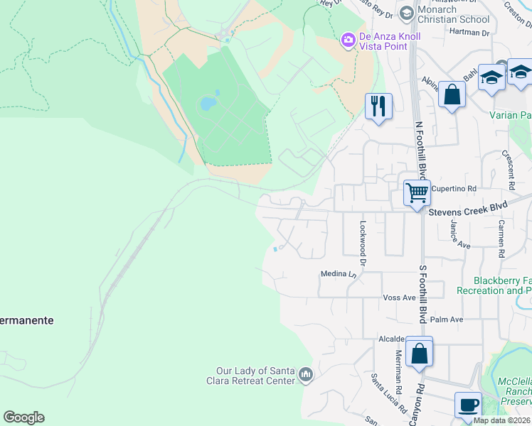 map of restaurants, bars, coffee shops, grocery stores, and more near 22936 Longdown Road in Cupertino