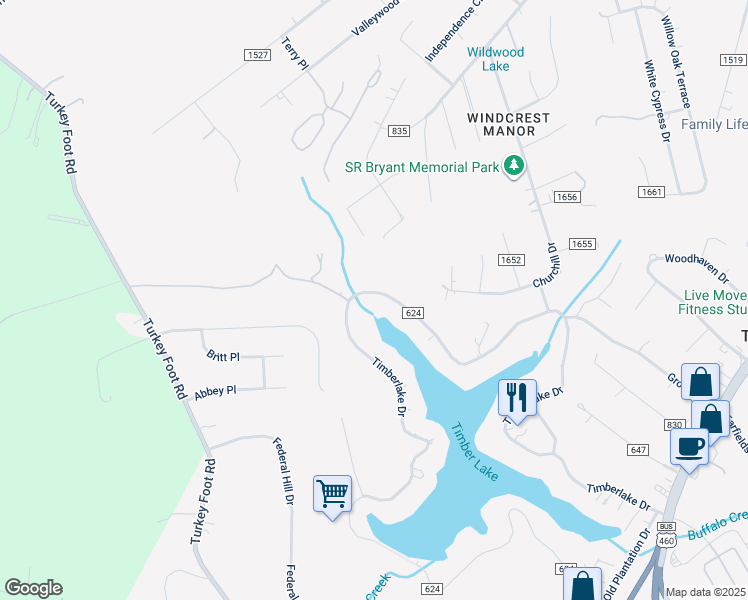 map of restaurants, bars, coffee shops, grocery stores, and more near 1376 Timberlake Drive in Lynchburg