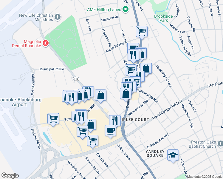 map of restaurants, bars, coffee shops, grocery stores, and more near 5309 Woodbury Street Northwest in Roanoke