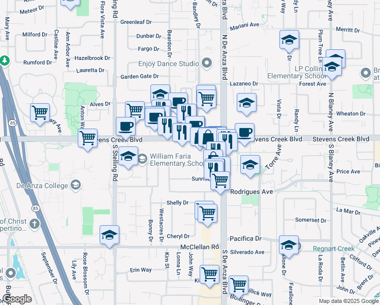 map of restaurants, bars, coffee shops, grocery stores, and more near 20669 Scofield Drive in Cupertino