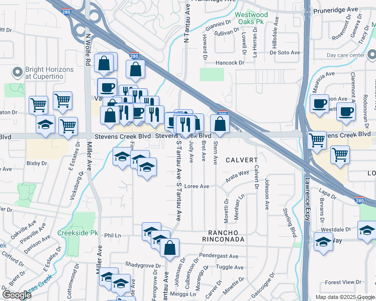 map of restaurants, bars, coffee shops, grocery stores, and more near 10106 Judy Avenue in Cupertino