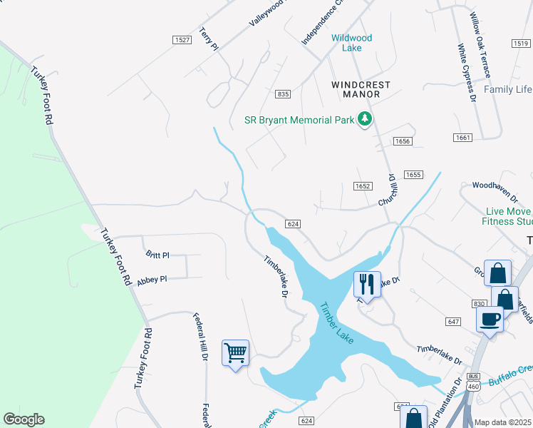 map of restaurants, bars, coffee shops, grocery stores, and more near 1376 Timberlake Drive in Lynchburg