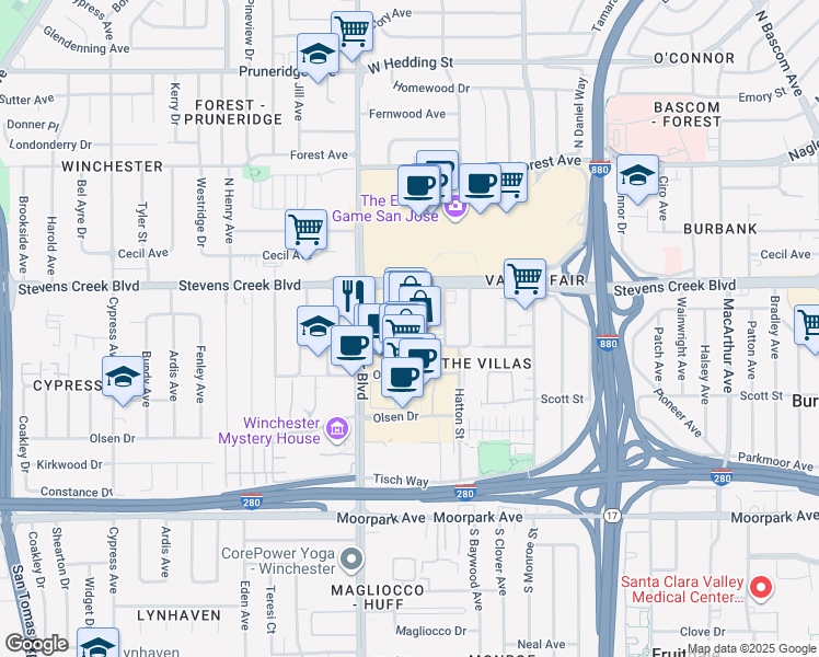 map of restaurants, bars, coffee shops, grocery stores, and more near 333 Santana Row in San Jose