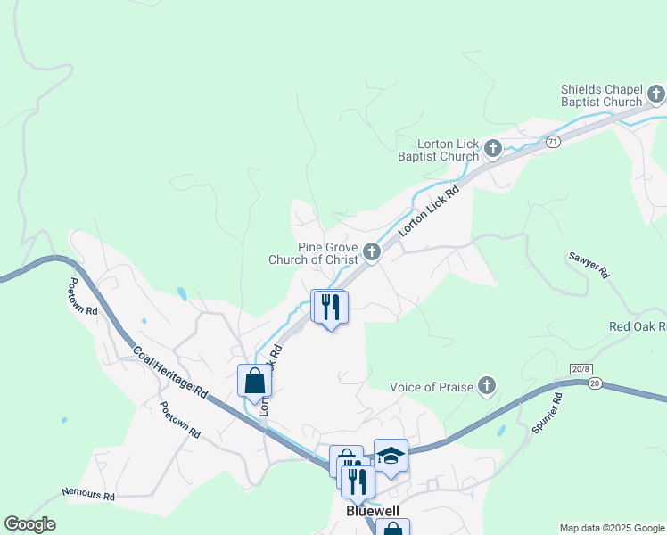 map of restaurants, bars, coffee shops, grocery stores, and more near 449 Lorton Lick Road in Bluefield