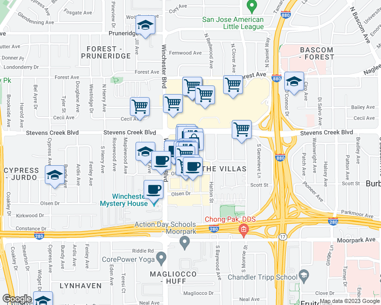 map of restaurants, bars, coffee shops, grocery stores, and more near 453 Tatum Lane in San Jose