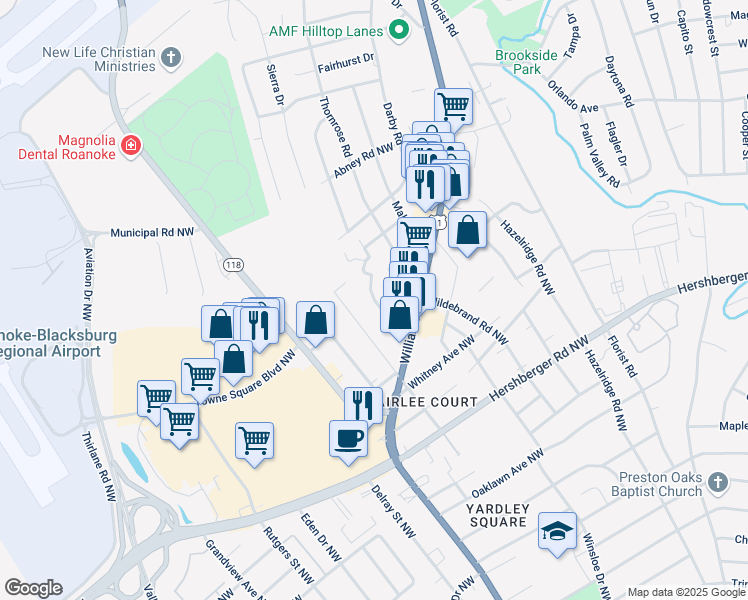 map of restaurants, bars, coffee shops, grocery stores, and more near 5301 Hawthorne Road Northwest in Roanoke