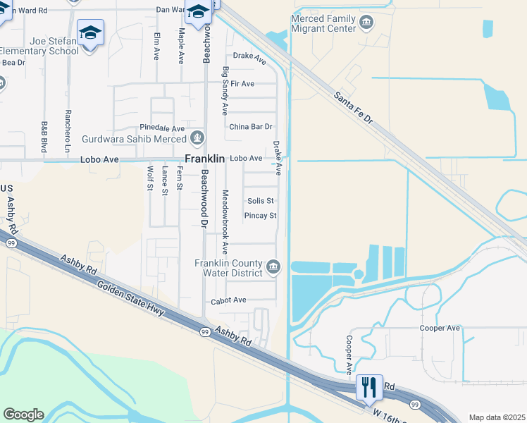 map of restaurants, bars, coffee shops, grocery stores, and more near 2094 Pincay Street in Merced