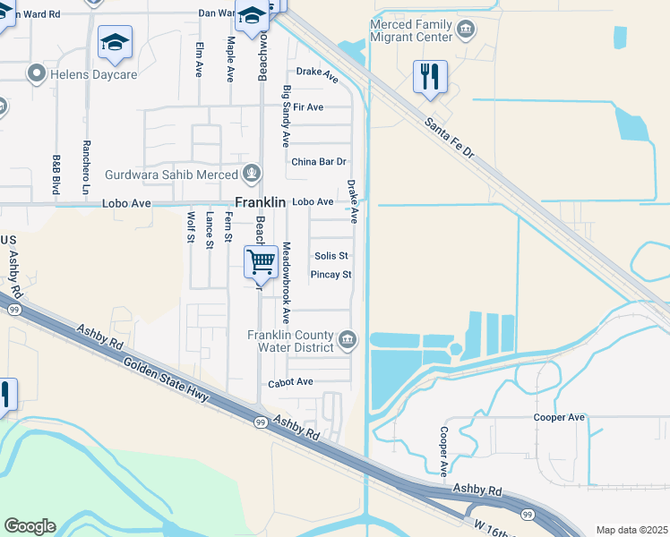 map of restaurants, bars, coffee shops, grocery stores, and more near 2094 Pincay Street in Merced