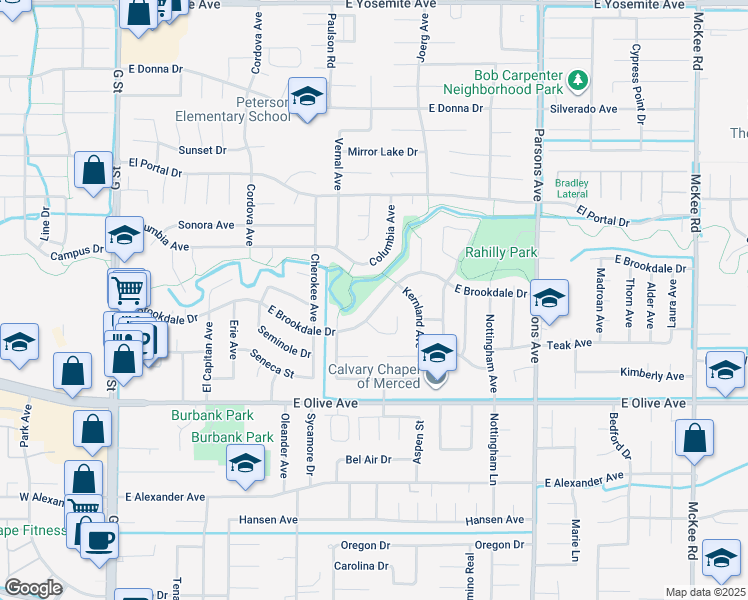 map of restaurants, bars, coffee shops, grocery stores, and more near 3237 Gregory Court in Merced