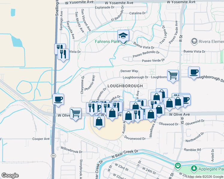 map of restaurants, bars, coffee shops, grocery stores, and more near 1660 Juneau Court in Merced