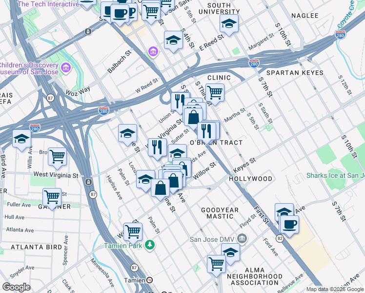 map of restaurants, bars, coffee shops, grocery stores, and more near 131 Oak Street in San Jose