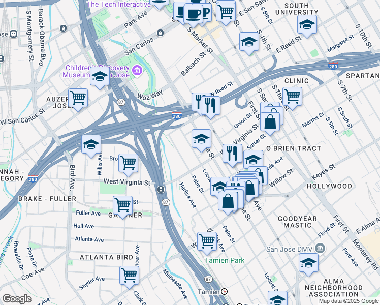 map of restaurants, bars, coffee shops, grocery stores, and more near 783 Locust Street in San Jose