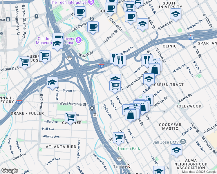 map of restaurants, bars, coffee shops, grocery stores, and more near 783 Locust Street in San Jose
