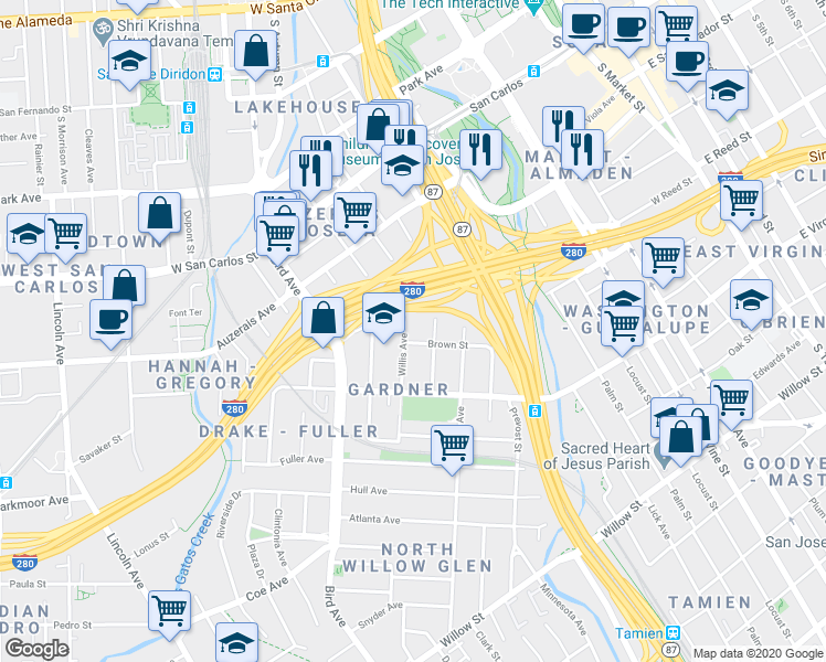 map of restaurants, bars, coffee shops, grocery stores, and more near 605 Minor Avenue in San Jose