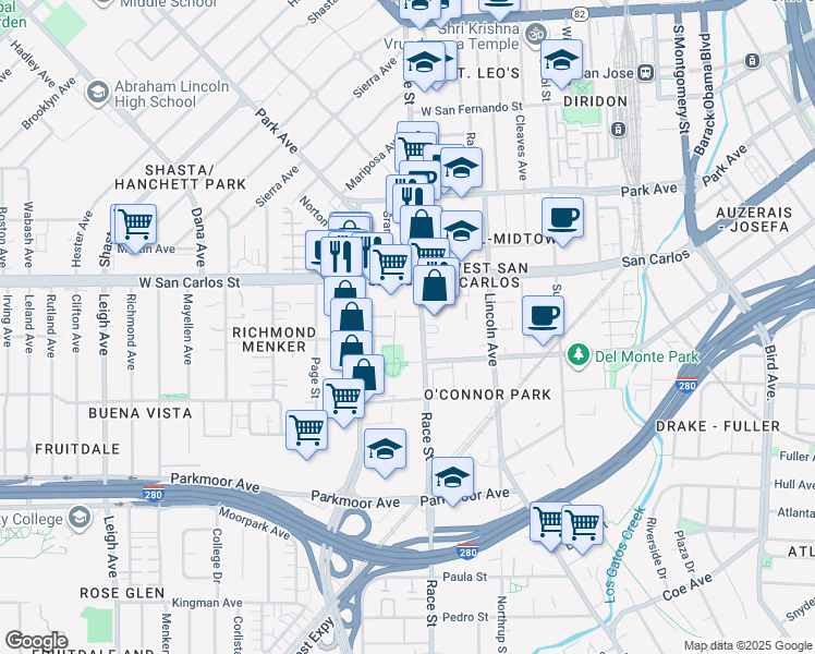 map of restaurants, bars, coffee shops, grocery stores, and more near 362 Meridian Avenue in San Jose