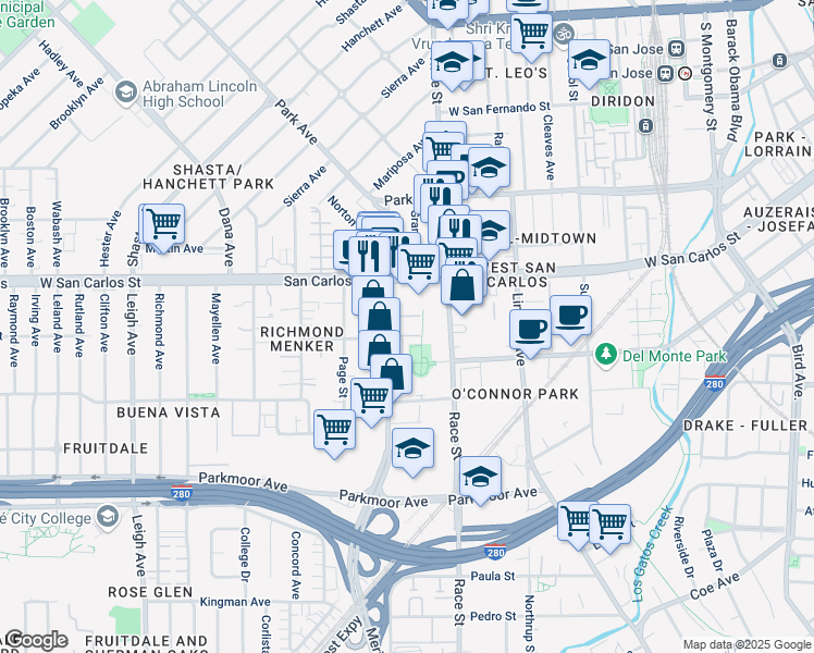 map of restaurants, bars, coffee shops, grocery stores, and more near 362 Meridian Avenue in San Jose