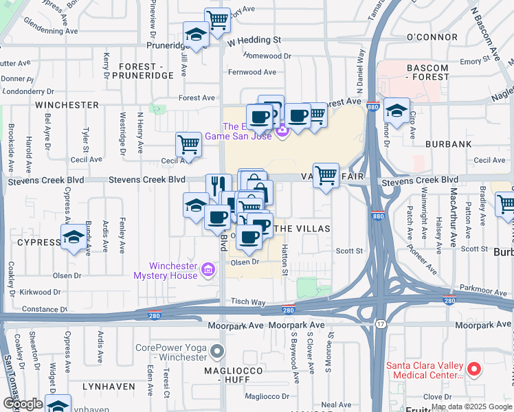 map of restaurants, bars, coffee shops, grocery stores, and more near in San Jose