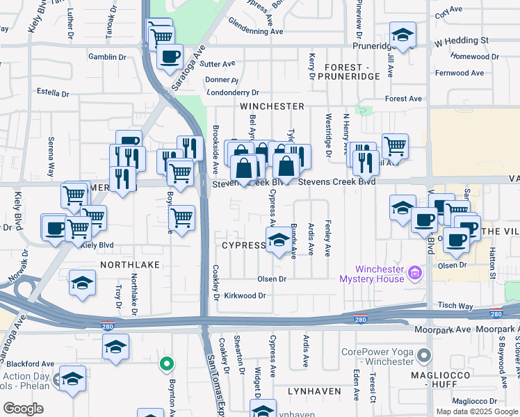 map of restaurants, bars, coffee shops, grocery stores, and more near 3517 Alden Way in San Jose