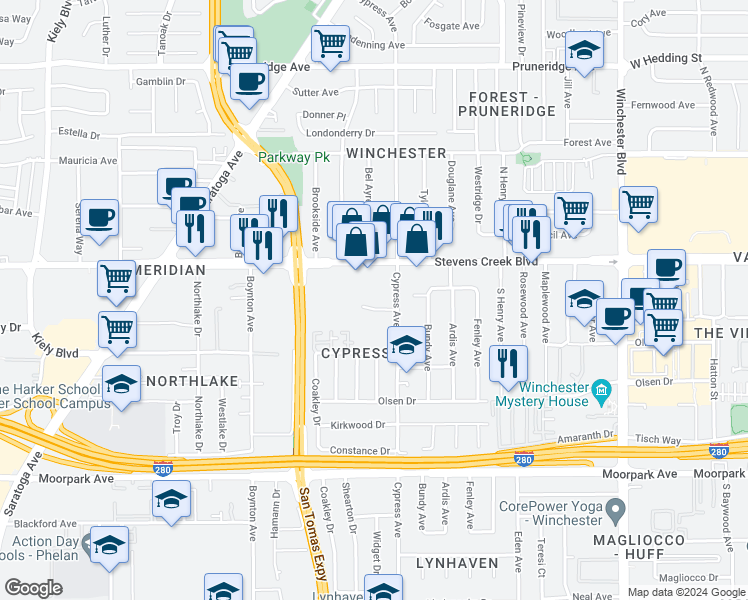 map of restaurants, bars, coffee shops, grocery stores, and more near 3518 Alden Way in San Jose