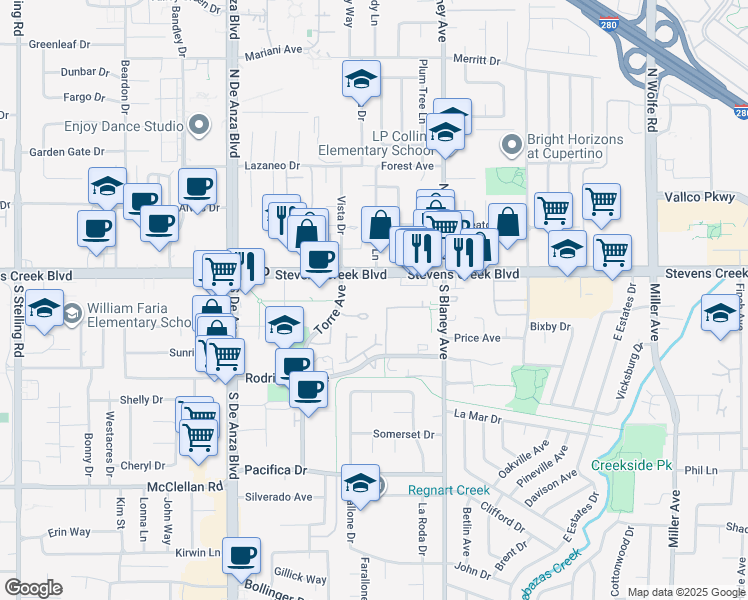 map of restaurants, bars, coffee shops, grocery stores, and more near 10100 Torre Avenue in Cupertino