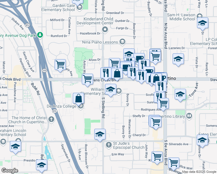 map of restaurants, bars, coffee shops, grocery stores, and more near 10092 Bianchi Way in Cupertino