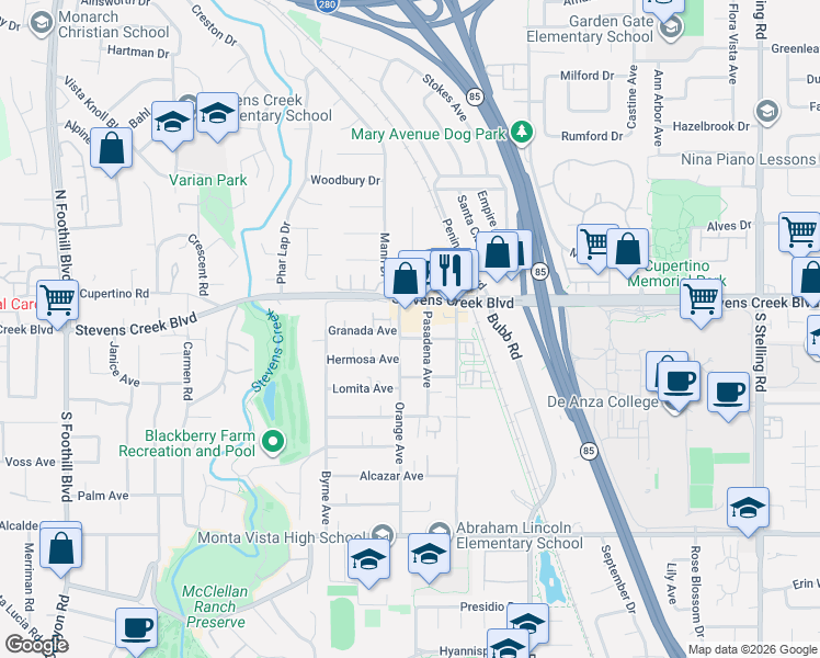 map of restaurants, bars, coffee shops, grocery stores, and more near 21766 Granada Avenue in Cupertino