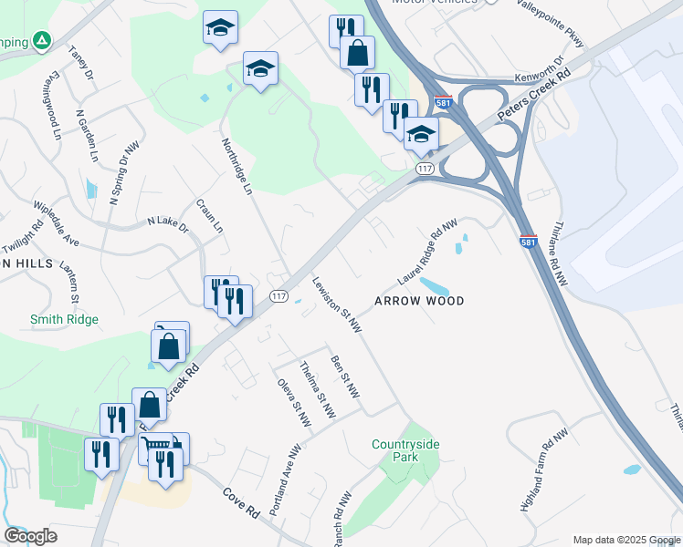 map of restaurants, bars, coffee shops, grocery stores, and more near 3531 Peters Creek Road in Roanoke