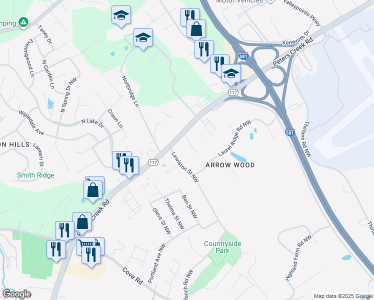 map of restaurants, bars, coffee shops, grocery stores, and more near 3531 Peters Creek Road in Roanoke