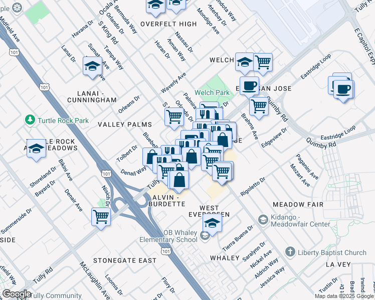map of restaurants, bars, coffee shops, grocery stores, and more near 1694 Tully Road in San Jose