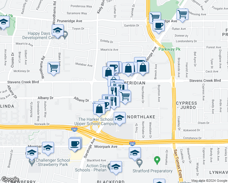 map of restaurants, bars, coffee shops, grocery stores, and more near 4050 Stevens Creek Boulevard in San Jose