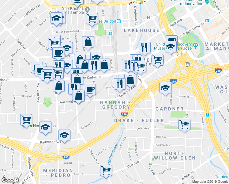 map of restaurants, bars, coffee shops, grocery stores, and more near 835 Gaspar Vista in San Jose
