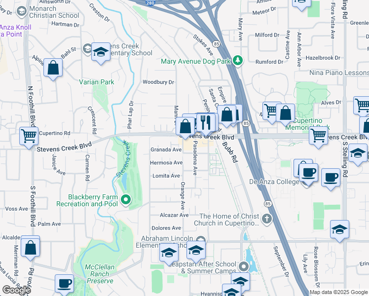 map of restaurants, bars, coffee shops, grocery stores, and more near 10056 Orange Avenue in Cupertino