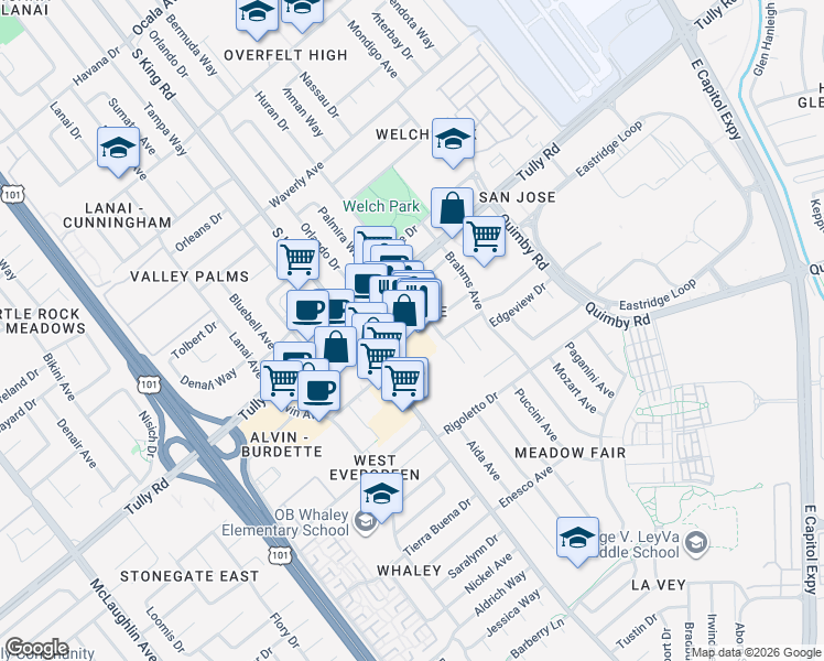 map of restaurants, bars, coffee shops, grocery stores, and more near 1816 Tully Road in San Jose