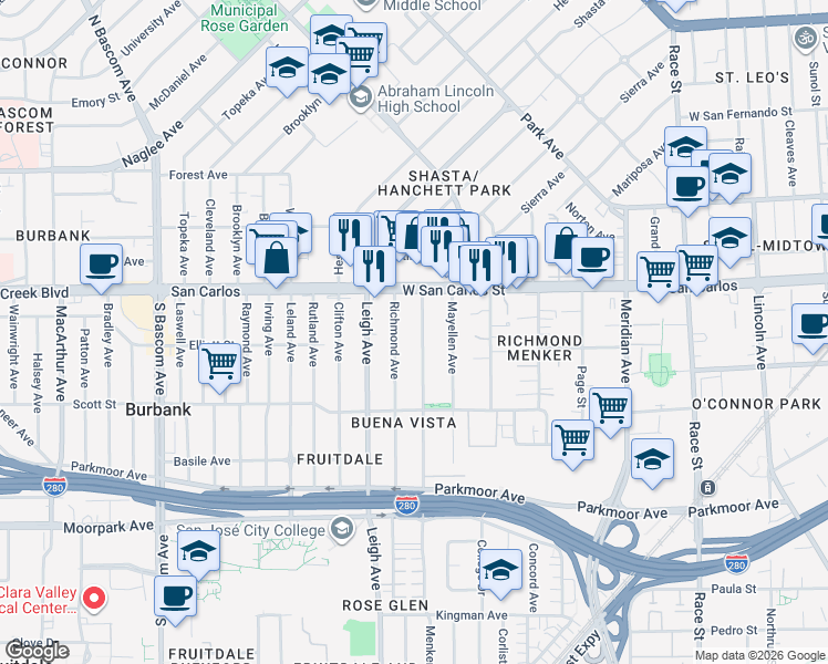 map of restaurants, bars, coffee shops, grocery stores, and more near 371 Menker Avenue in San Jose