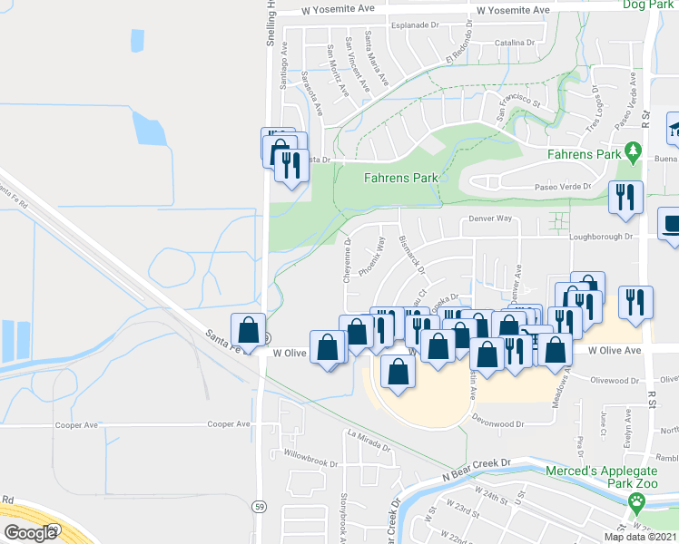 map of restaurants, bars, coffee shops, grocery stores, and more near 3257 Cheyenne Drive in Merced