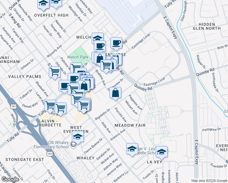map of restaurants, bars, coffee shops, grocery stores, and more near 2550 Brahms Avenue in San Jose