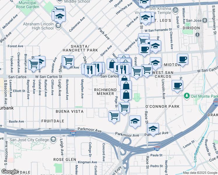 map of restaurants, bars, coffee shops, grocery stores, and more near 1498 Douglas Street in San Jose