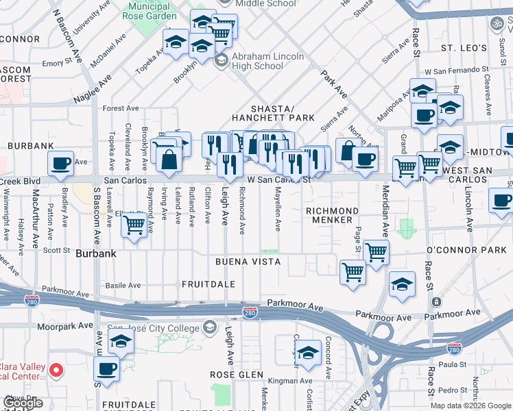 map of restaurants, bars, coffee shops, grocery stores, and more near 371 Menker Avenue in San Jose