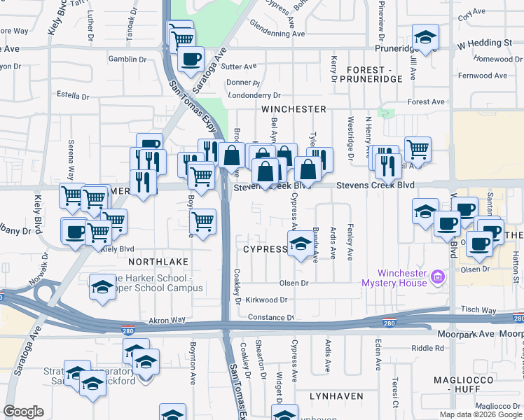 map of restaurants, bars, coffee shops, grocery stores, and more near 3566 Stevens Creek Boulevard in San Jose